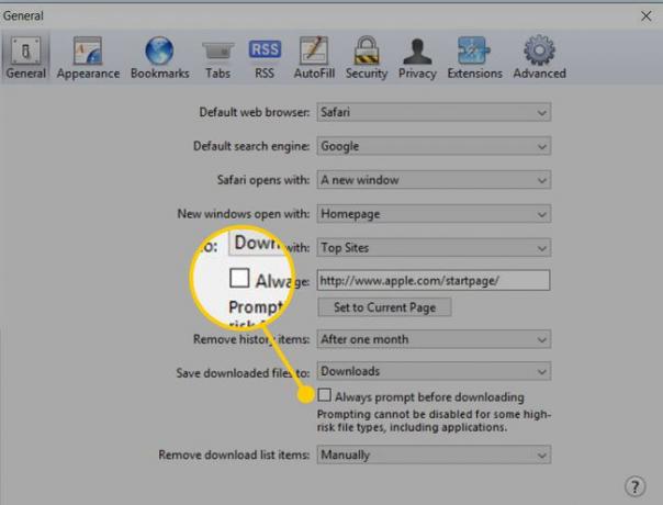 Општа подешавања за Сафари у оперативном систему Виндовс са означеним оквиром Увек пре преузимања