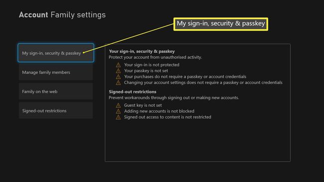הגדרות משפחתיות של Xbox Series X עם הכניסה שלי, אבטחה ומפתח סיסמה מודגשים