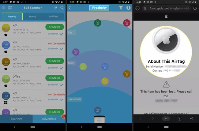 „AirTag“ skaitymas „Android“ telefone su „Bluetooth“ skaitytuvo programa.