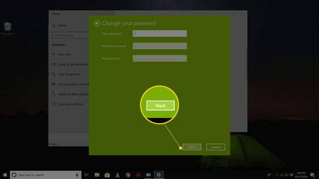 Windows 10'da Parolanızı değiştirin iletişim kutusundaki Boş Yeni parola alanları