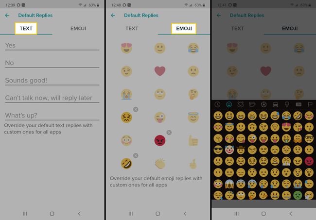 Skærmbilleder af, hvordan du tilpasser hurtige svar og emoji på Fitbit-appen.