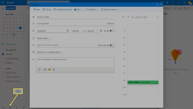 Kalendrisündmuse loomine rakenduses Outlook for Web.