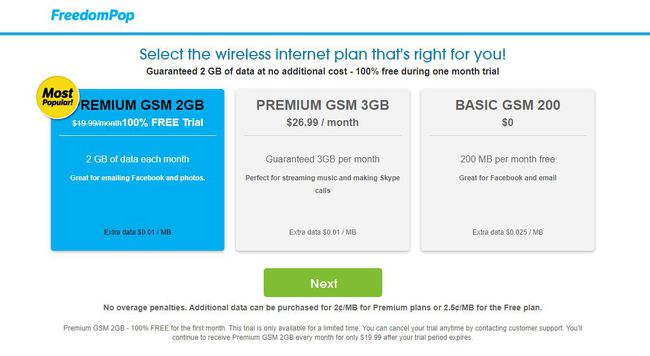 Una captura de pantalla que muestra Internet FreedomPop gratis.