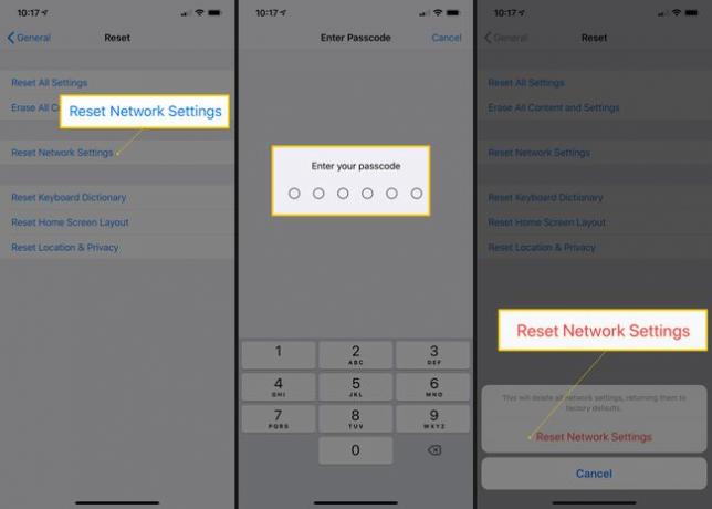 [ネットワーク設定のリセット]、[パスコードの入力]、および[ネットワーク設定のリセット]確認ボタンを示す3つのiOS画面。