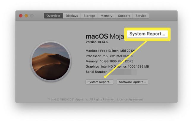 MacOSシステムレポートが強調表示されたこのMacについて。