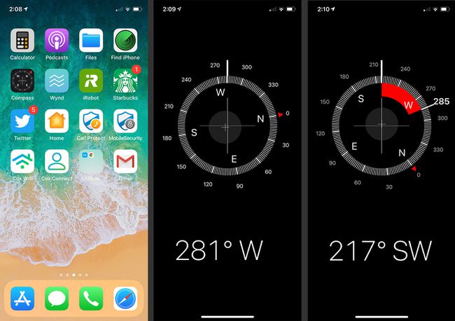 иПхоне екрани који показују како да изаберете и користите апликацију Компас