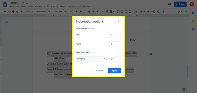 A caixa de diálogo de opções de recuo no Google Docs.