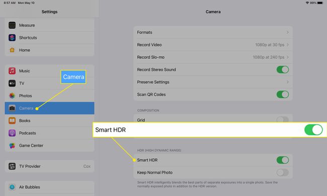 تعرض إعدادات كاميرا iPad إعداد Smart HDR