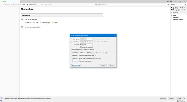 Käsitsi seadistamise nupu valimine Thunderbirdi uuel POP3-kontol.
