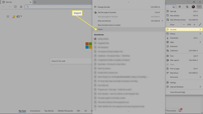 Opción de importación de favoritos en Microsoft Edge.