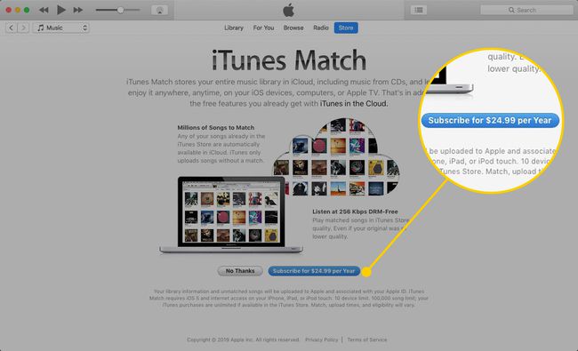 iTunes Match ekrāns ar izceltu pogu Abonēt