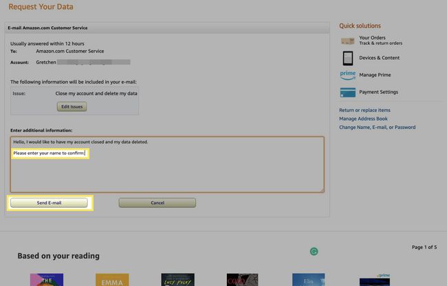 En el formulario de correo electrónico, ingrese su nombre para confirmar que desea cerrar su cuenta y eliminar los datos, y luego seleccione Enviar correo electrónico.