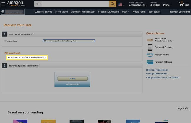 Amazon mostrará un número gratuito si desea llamar a un agente de servicio al cliente y pedirle que elimine su cuenta.