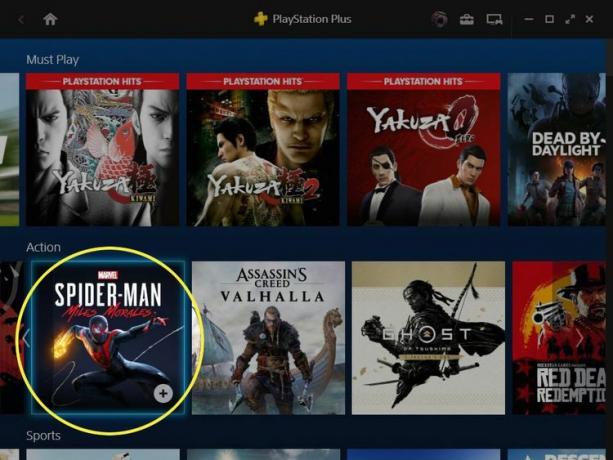 スパイダーマン ゲームが強調表示された状態で PlayStation Plus PC アプリのダッシュボードを移動する