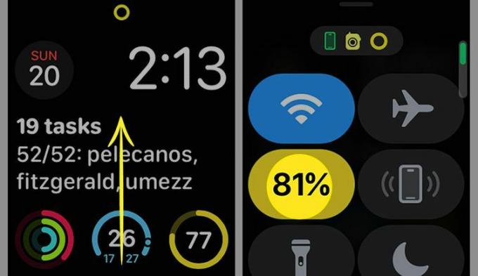 위로 살짝 밀기가 표시되고 배터리 비율이 강조 표시된 Apple Watch에서 저전력 모드 끄기