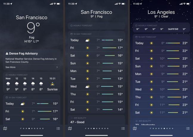 天気予報の横にあるバーを示すiPhoneWeatherアプリの3つの画像。 