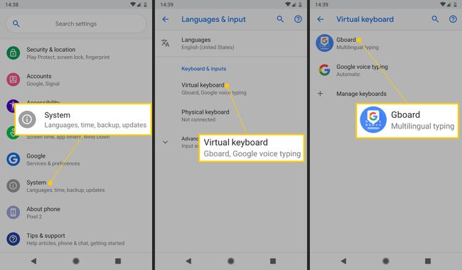 Sistem, tastatură virtuală, butoane Gboard în setările Android