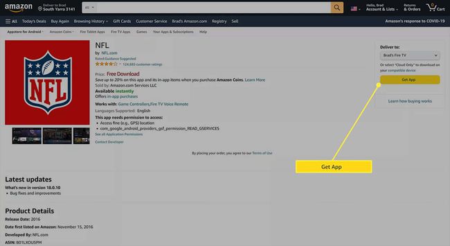ปุ่มรับแอปที่ไฮไลต์บนหน้าแอป NFL บนเว็บไซต์ Amazon