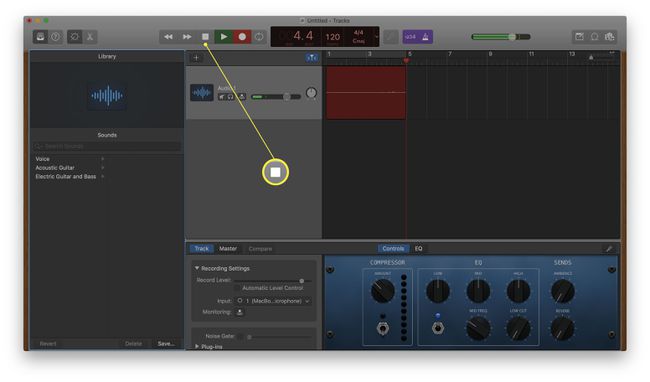 GarageBand se zvýrazněným tlačítkem Stop Recording
