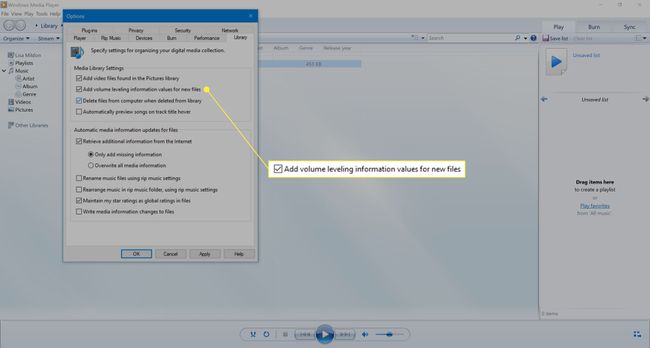 Výběrem možnosti Přidat informační hodnoty vyrovnání hlasitosti pro nové soubory v programu Windows Media Player 12.