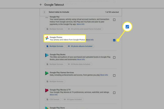 Opción Google Photos en el servicio Google Takeout.