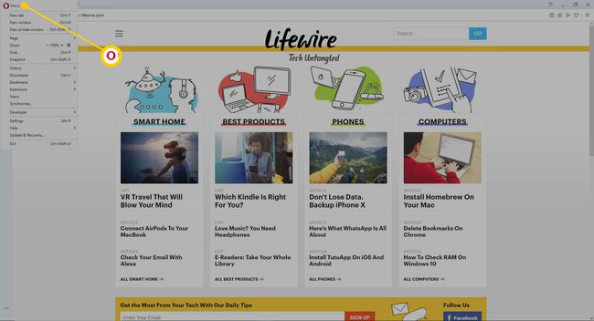 El menú Opera en el navegador Opera