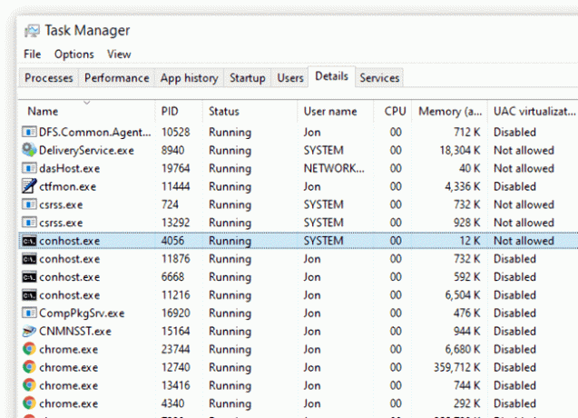 conhost soubory ve Správci úloh systému Windows 10
