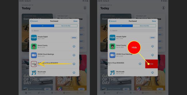 En skärmdump av App Store på iPad med dölj-knappen markerad