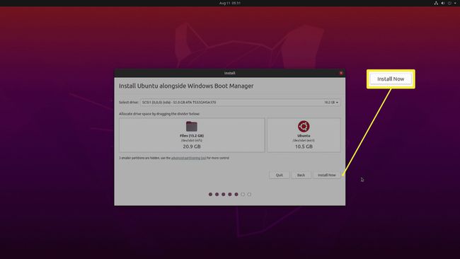 สกรีนช็อตของการจัดสรรพื้นที่ดิสก์ของ Ubuntu