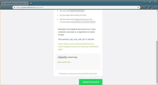 Spotifyの学生割引検証プロセスのスクリーンショット。