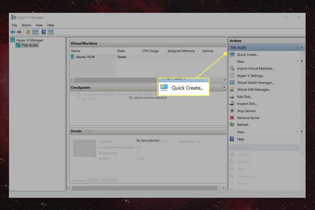 Hyper-V Manager'da Hızlı Oluşturma eylemi