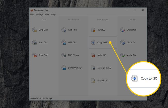 Salin ke opsi ISO di jendela BurnAware Free