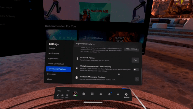 O botão de alternância Multiple Accounts and Library Sharing destacado no menu de configurações experimentais do Oculus Quest.