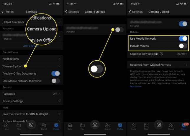 iPhone'daki OneDrive uygulamasında Kamera Yükleme ayarları.
