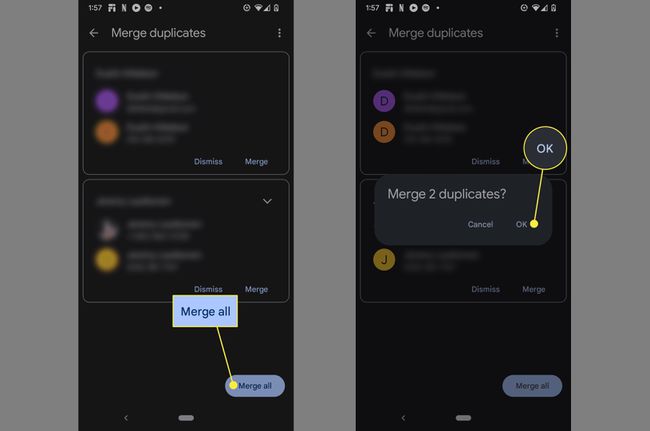 Îmbină toate și OK în evidențiate în Contacte pe Android.