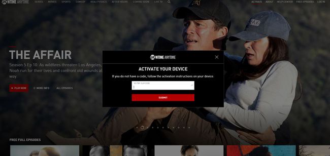 Skärmdump av Showtime Anytime-enhetens aktiveringssida
