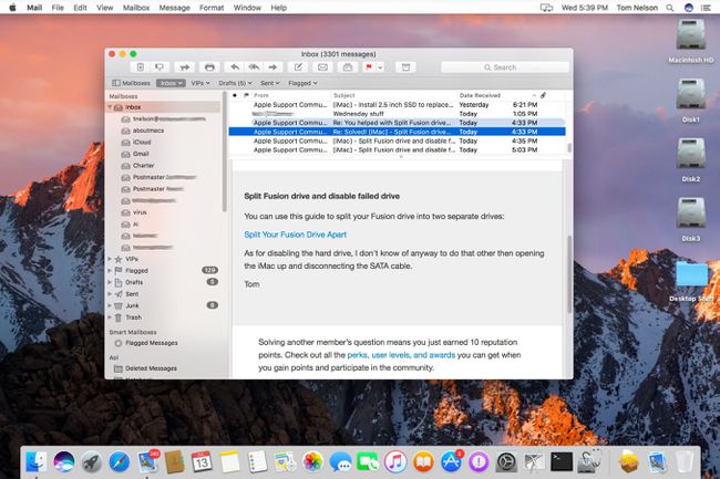 Aplicativo Mac Mail mostrado em execução no macOS Sierra