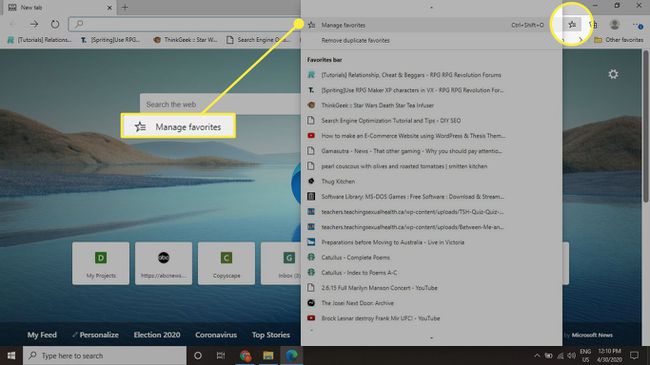 Edge con el menú Favoritos y la opción Administrar favoritos resaltada
