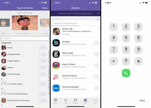 Drei iOS-Bildschirme aus der Viber-App