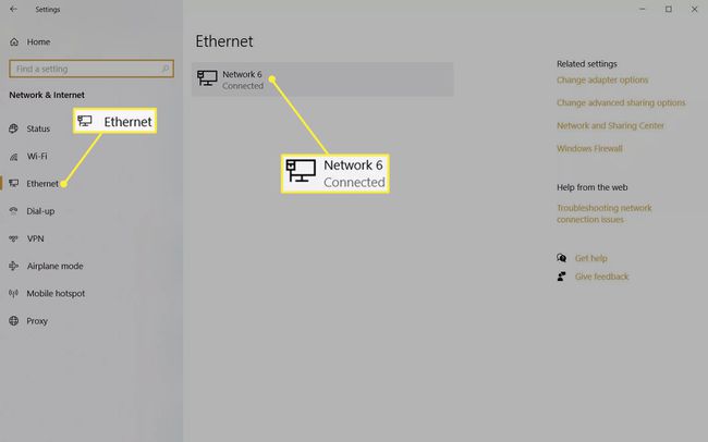 Windows Ethernet bağlantıları altında Ethernet ve Ağ