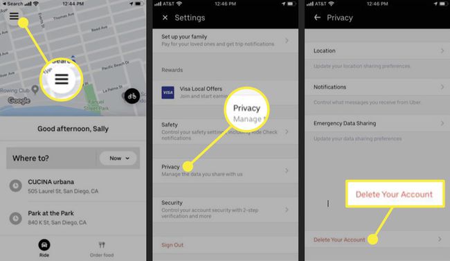 Скриншоты настроек приложения Uber с выделенной опцией Удалить вашу учетную запись