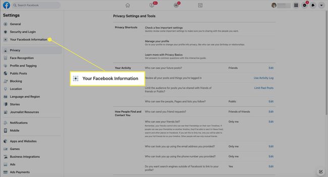 Ваша информация Facebook, выбранная на боковой панели конфиденциальности