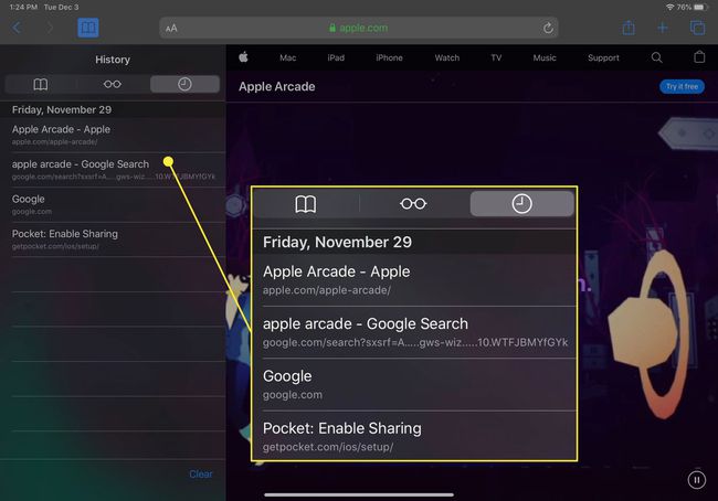 La pestaña Historial de Safari para iPad