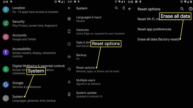 Sistem, Opțiuni de resetare și Șterge toate datele din setările Android 10