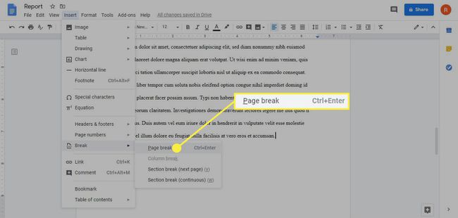 A opção de quebra de página no Google Docs
