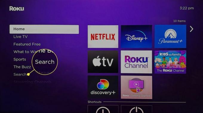 Roku のメイン画面で強調表示されている検索ツール。