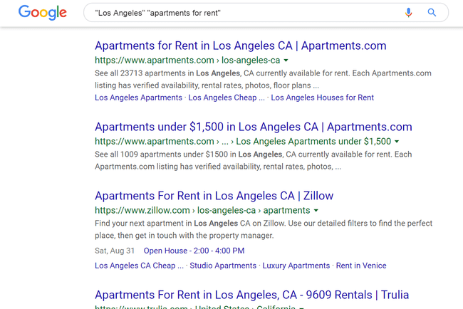 로스앤젤레스 임대 아파트 견적이 포함된 Google 검색