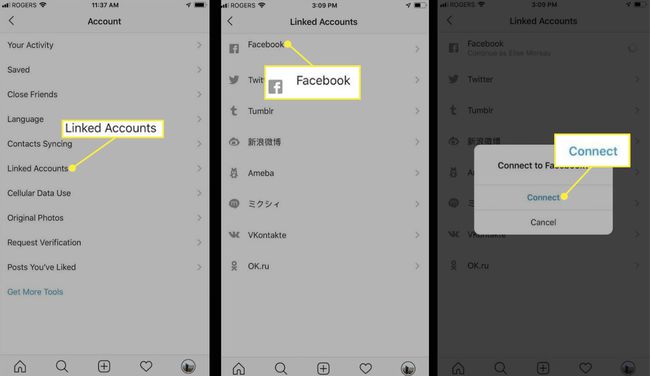 Linkede konti, Facebook og Connect i Instagram-appen