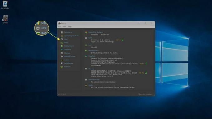 Sekcja CPU podświetlona na głównym ekranie Speccy.