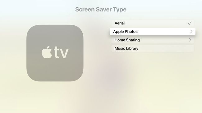 Apple TV स्क्रीन सेवर प्रकार की स्क्रीन चयनित Apple फ़ोटो के साथ